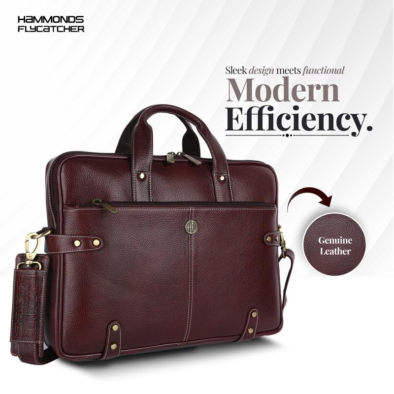 Hammonds Flycatcher genuine leather laptop briefcase brown — genuine leather callout showing rich full grain texture and modern design — bags.mu Mauritius