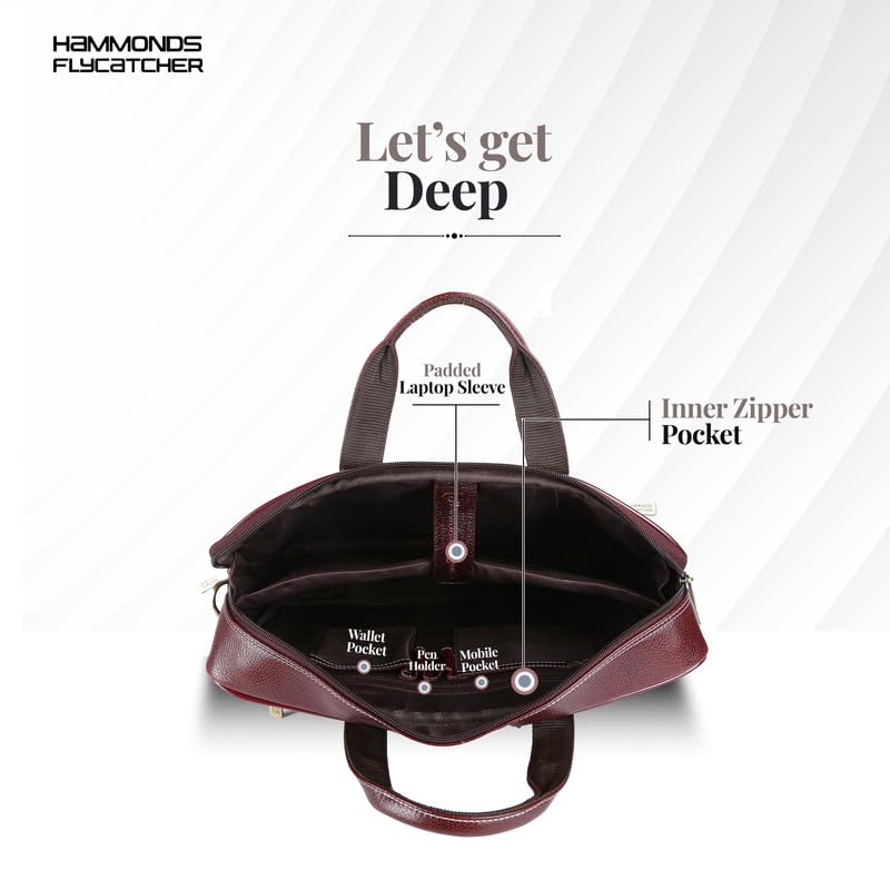 Hammonds Flycatcher genuine leather laptop briefcase brown — interior showing padded laptop sleeve, wallet pocket, pen slots, mobile pocket and inner zipper pocket — bags.mu Mauritius