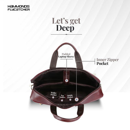 Hammonds Flycatcher genuine leather laptop briefcase brown — interior showing padded laptop sleeve, wallet pocket, pen slots, mobile pocket and inner zipper pocket — bags.mu Mauritius