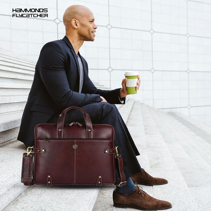 Hammonds Flycatcher genuine leather laptop briefcase brown — lifestyle shot with male model seated outdoors — bags.mu Mauritius