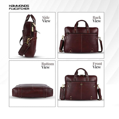 Hammonds Flycatcher genuine leather laptop briefcase brown — side, back, bottom and front view — bags.mu Mauritius