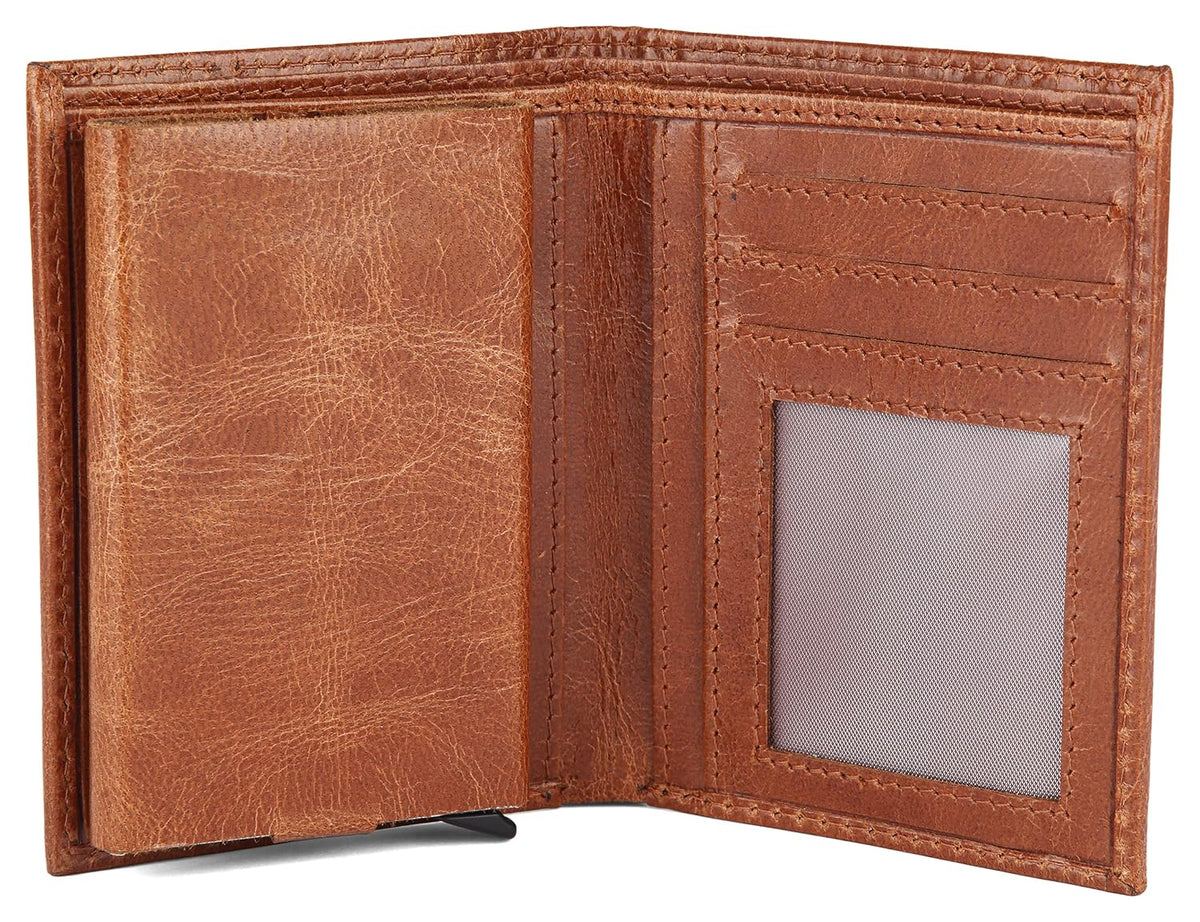 An open brown leather bi-fold wallet showing its interior layout with card slots, a clear ID window, and a blank back panel on a white background Bags.mu