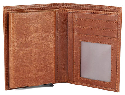An open brown leather bi-fold wallet showing its interior layout with card slots, a clear ID window, and a blank back panel on a white background Bags.mu