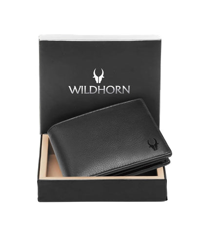 Men genuine black leather bifold wallet in matte black gift box Bags.mu