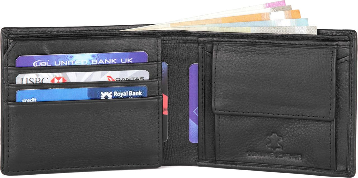 Interior view of men black leather wallet with card slots and coin pocket