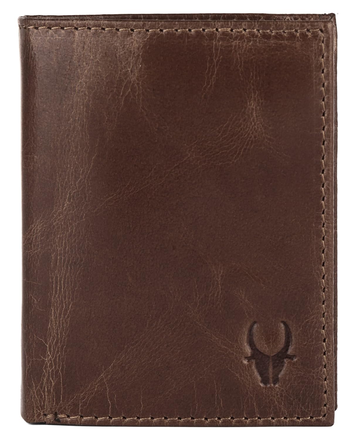 A brown leather bifold wallet with visible stitching and an embossed Wildhorn Logo in the bottom right corner, shown against a plain white background. Its available for sale in Mauritius
