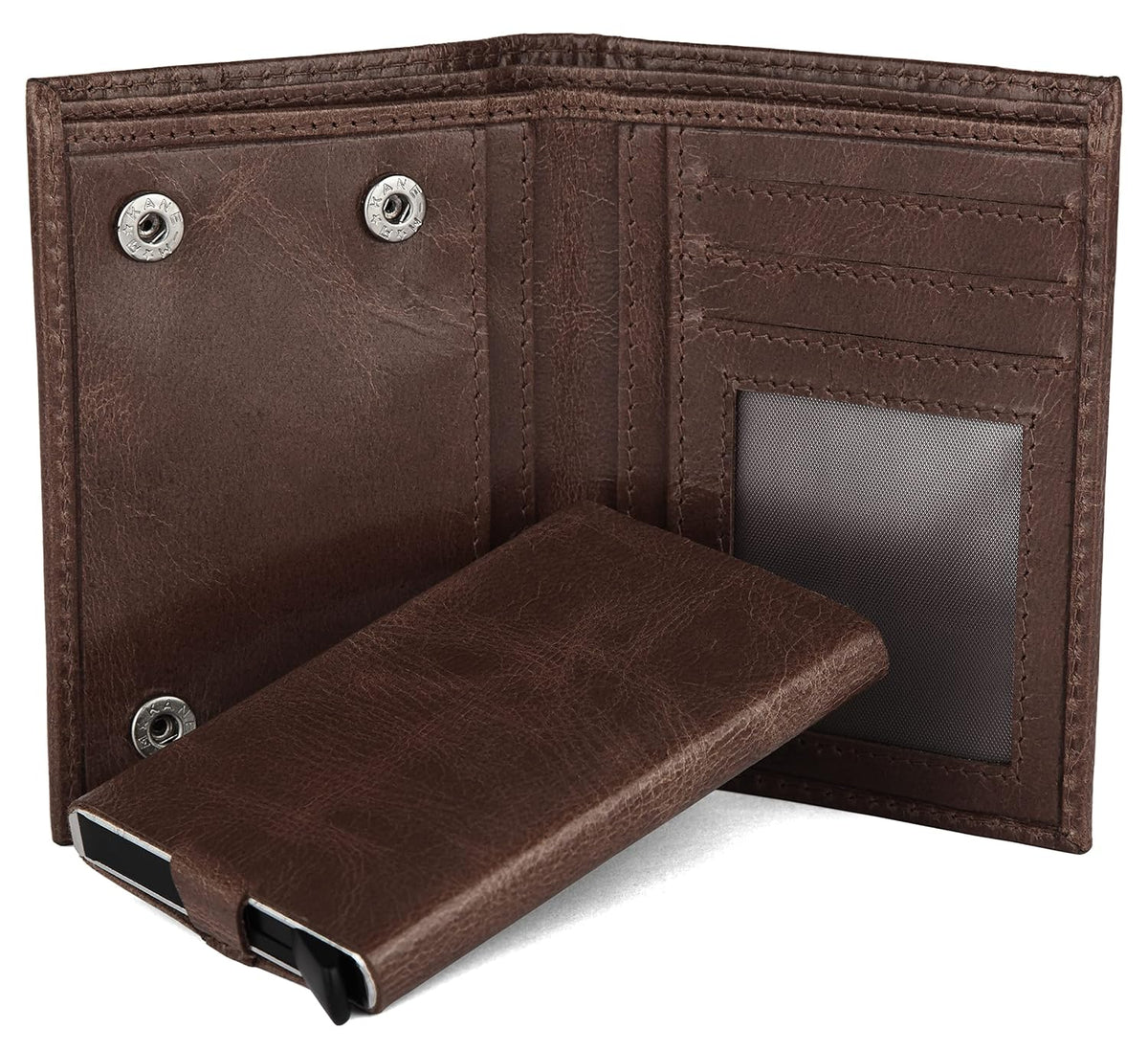 A brown faux-leather bifold wallet shown open, with card slots, an ID window, and a matching wallet cover or folio placed in front on a white background Bags.mu