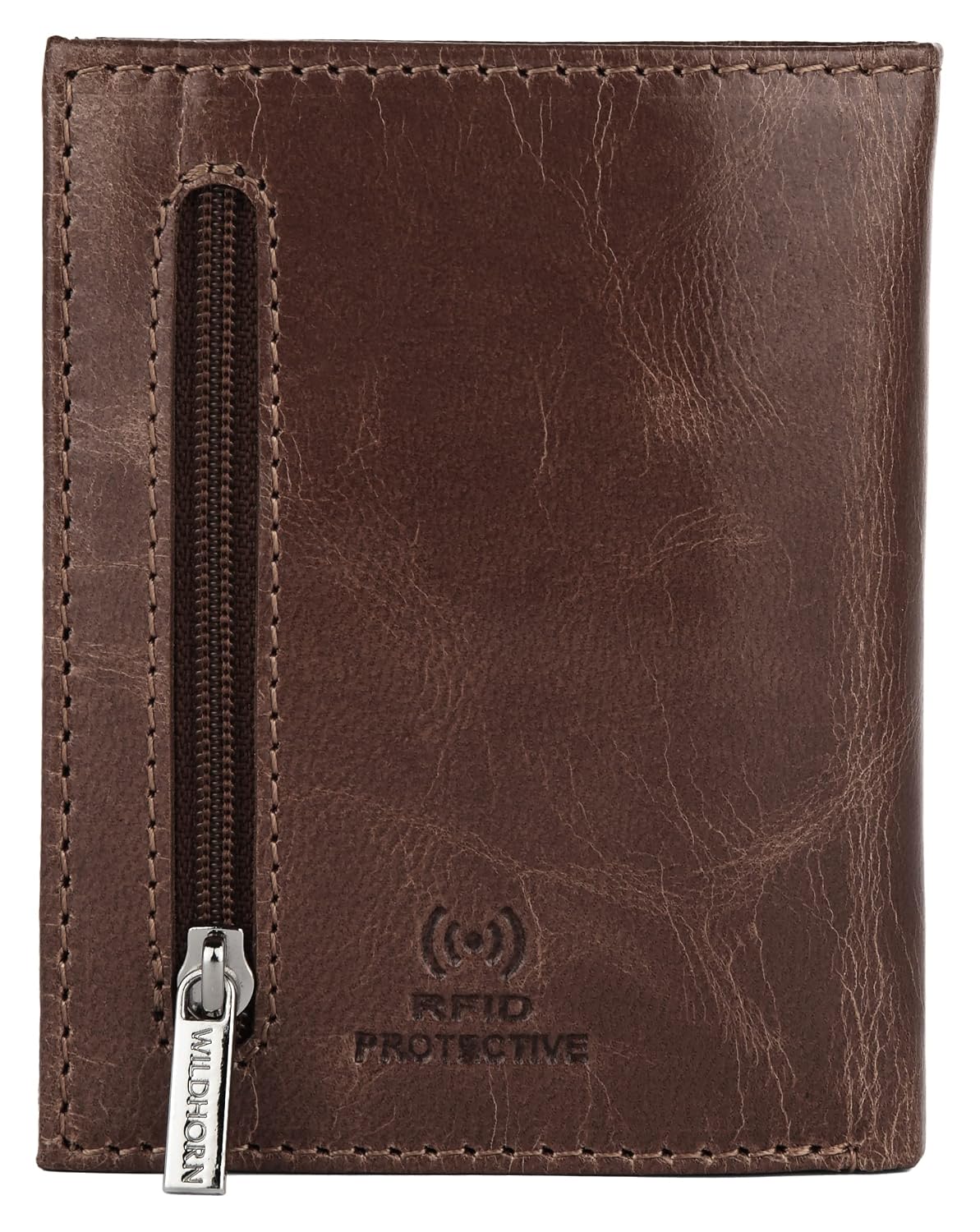 A brown leather RFID protective wallet with a vertical zipper pocket and a silver-toned metal zipper pull labeled 'Wildhorn' Bags.mu