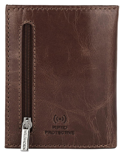 A brown leather RFID protective wallet with a vertical zipper pocket and a silver-toned metal zipper pull labeled 'Wildhorn' Bags.mu