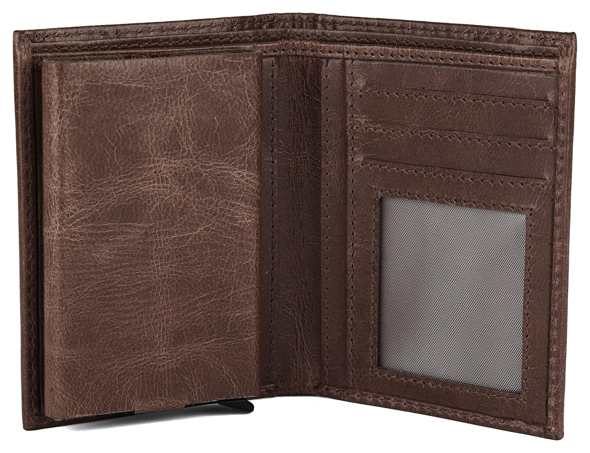 A brown leather bi-fold wallet shown open, displaying its interior compartments including card slots, an ID window, and a textured leather back panel Bags.mu