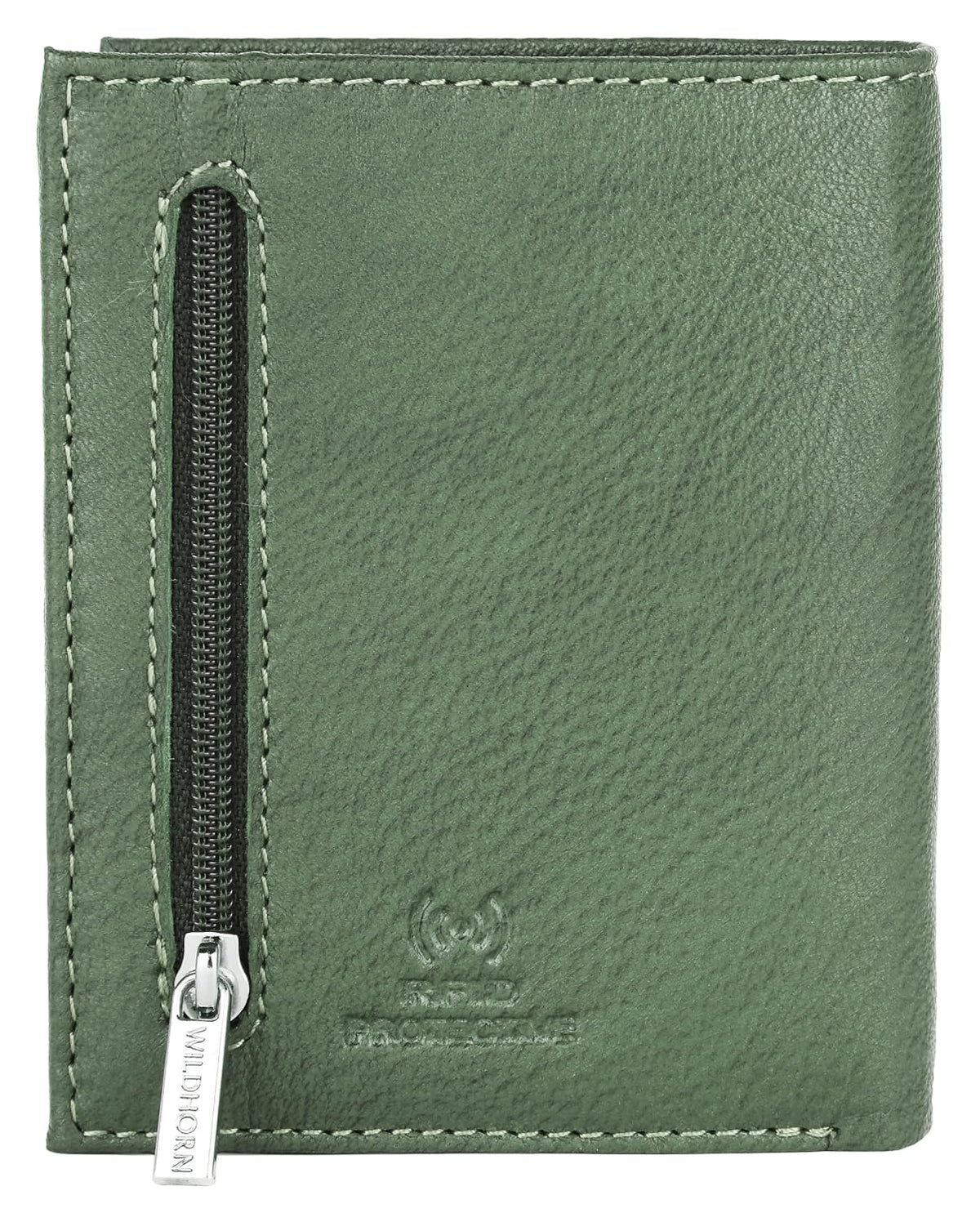 An olive green pebbled leather bifold wallet with a vertical zippered pocket on the left side, featuring a silver metal zipper pull and a debossed logo on the lower right. Bags.mu