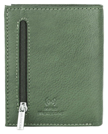 An olive green pebbled leather bifold wallet with a vertical zippered pocket on the left side, featuring a silver metal zipper pull and a debossed logo on the lower right. Bags.mu
