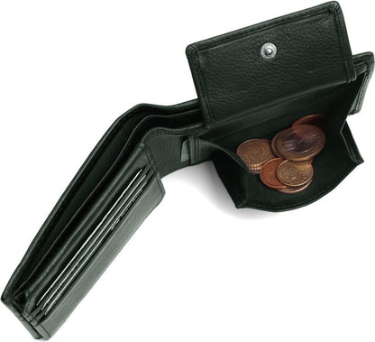 Interior card architecture and snap coin pocket on green leather wallet Bags.mu