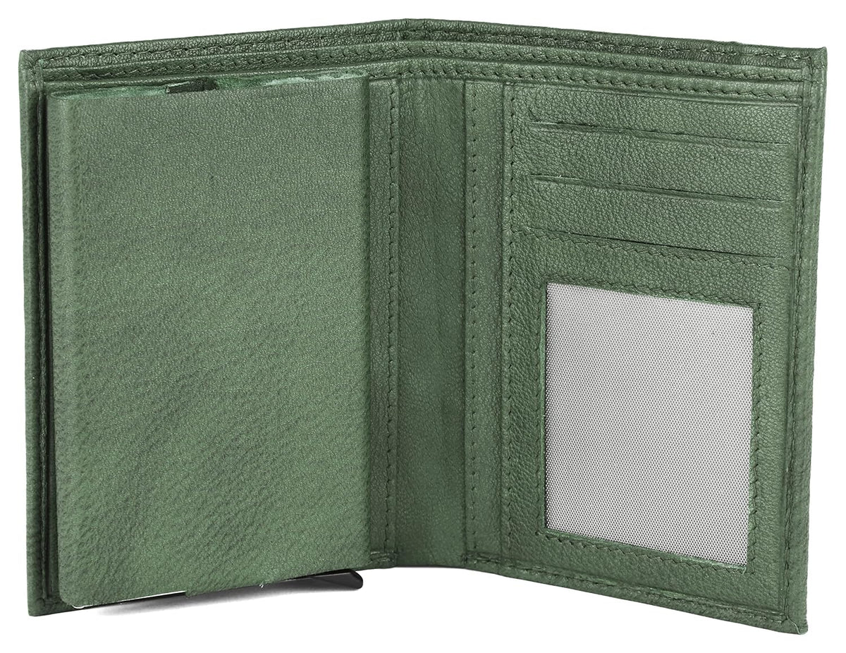 An open sage green leather bi-fold wallet showing its interior compartments, including card slots and a clear ID window, on a white background.
