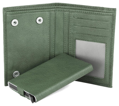 An olive green textured leather bifold wallet shown open, displaying its interior card slots, ID window, and snap-button closure, with a matching folded wallet placed in front on a white background.