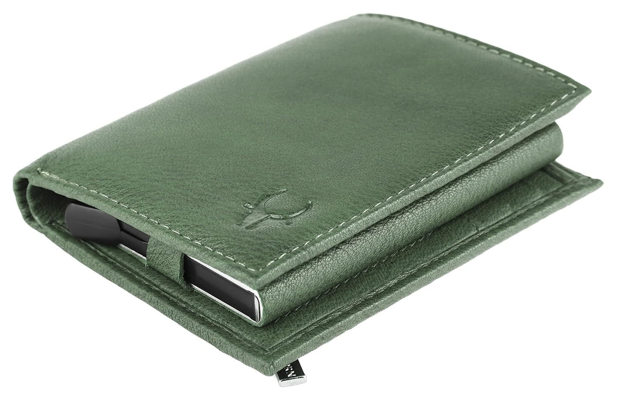 An olive green leather card holder wallet with a textured grain, white contrast stitching, and a debossed logo on the front, shown on a white background.