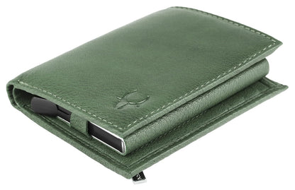An olive green leather card holder wallet with a textured grain, white contrast stitching, and a debossed logo on the front, shown on a white background.