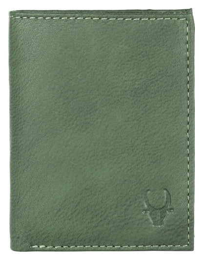 A green leather bifold wallet with white stitching and an embossed Wildhorn logo in the bottom right corner, shown against a plain white background Mauritius