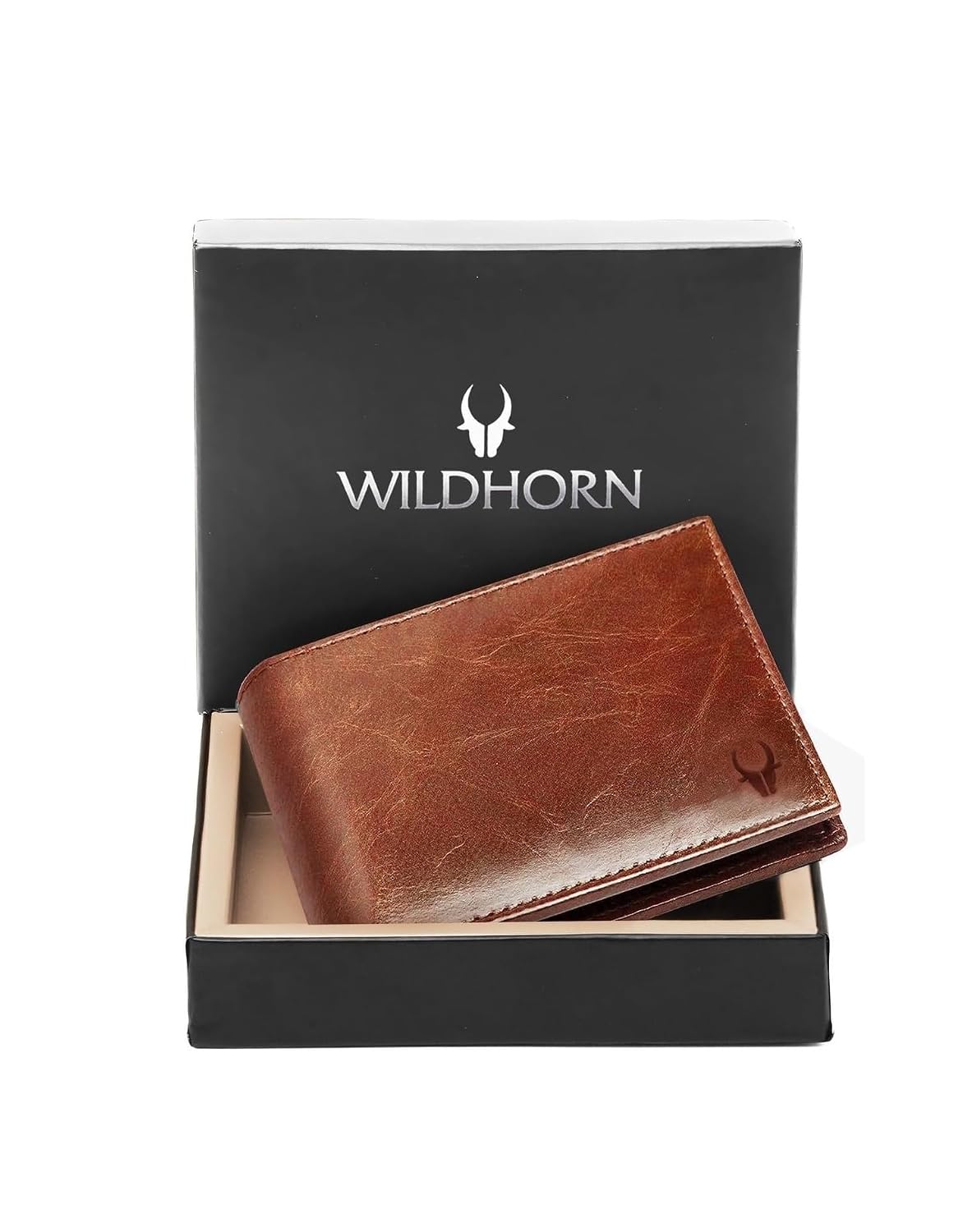 Men tan crunch genuine leather bifold wallet in matte black gift box Bags.mu