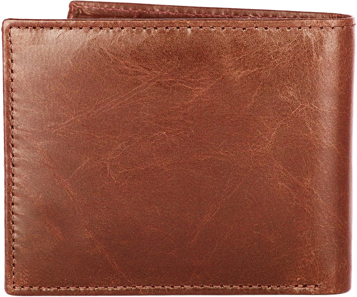 A brown leather bifold wallet with a distressed, textured finish and visible stitching along the edges.