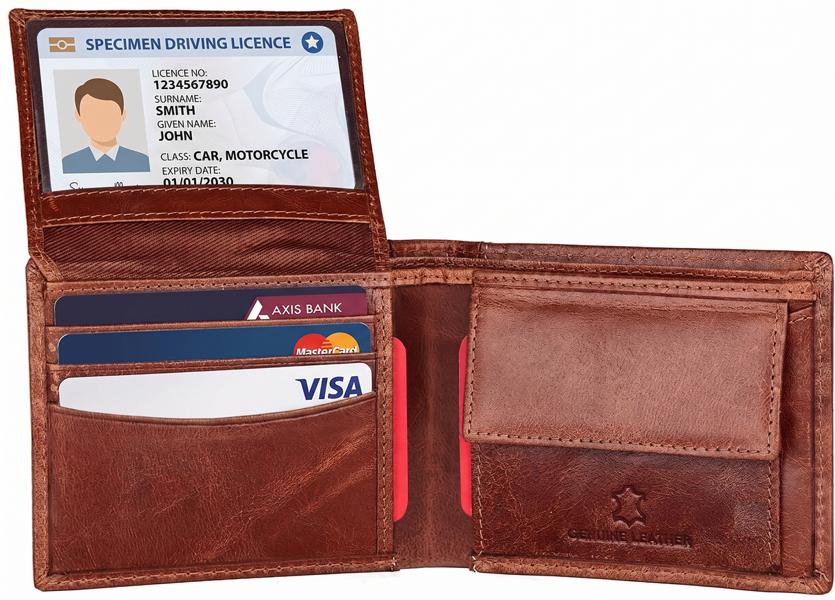 Open interior of men tan crunch leather wallet with 9 card slots and coin pocket