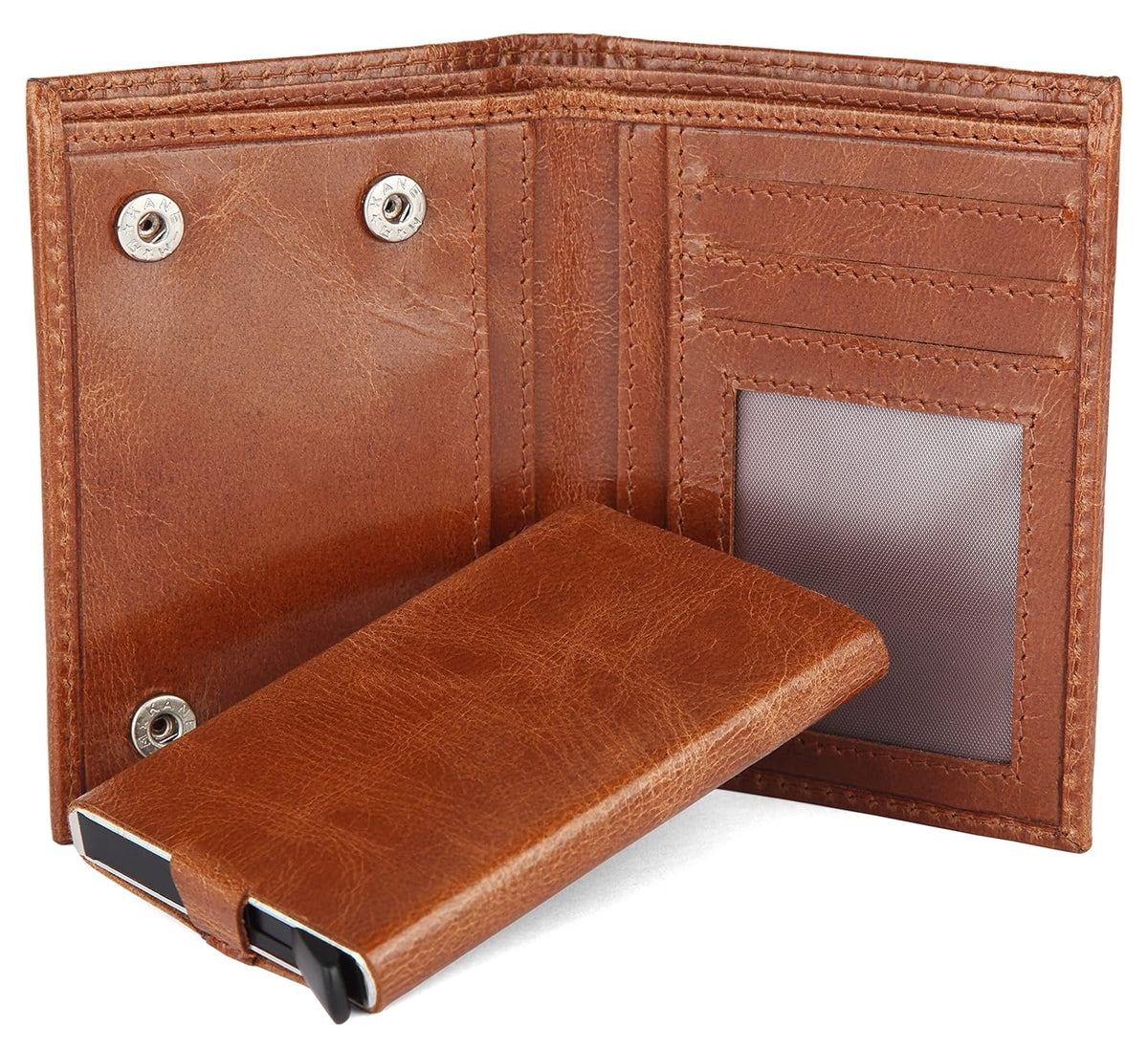 A brown leather bi-fold wallet shown open, with a matching slim wallet partially pulled out from the front pocket. The interior features card slots, an ID window, and metal snap buttons, photographed on a clean white background Bags.mu