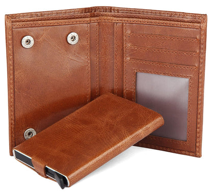 A brown leather bi-fold wallet shown open, with a matching slim wallet partially pulled out from the front pocket. The interior features card slots, an ID window, and metal snap buttons, photographed on a clean white background Bags.mu