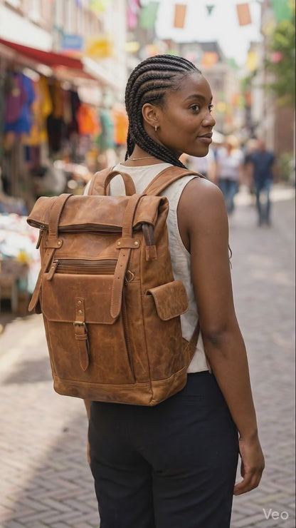 bags.mu exclusive cognac tan genuine leather roll-top backpack product video thumbnail — bags.mu Mauritius