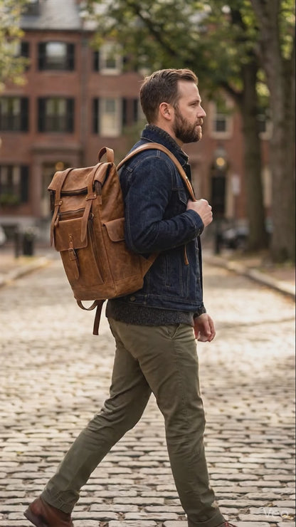 bags.mu exclusive leather roll-top backpack diamond quilted back panel and antique brass hardware close up detail — bags.mu Mauritius
