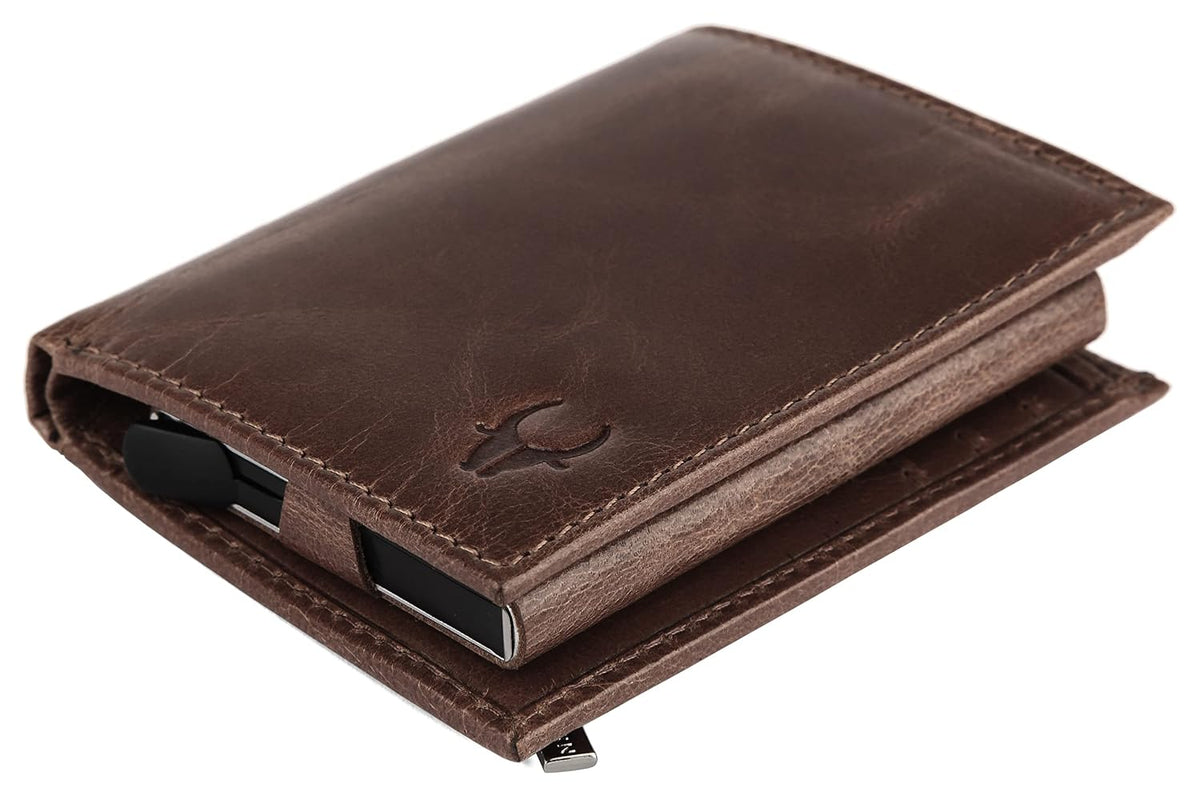 A brown leather card holder wallet with a minimalist Wildhorn logo embossed on the front, shown partially open on a white background Bags.mu