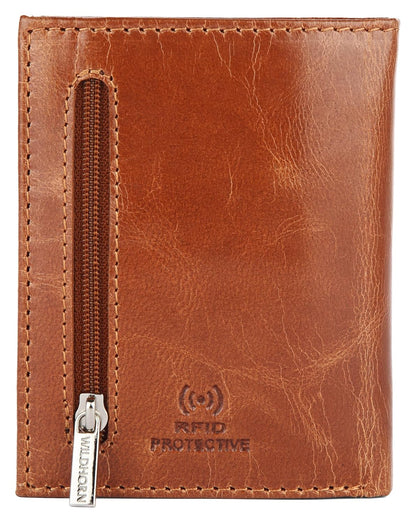 A brown leather RFID protective wallet with a vertical zippered pocket and a silver metal zipper pull labeled 'Wildhorn' Bags.mu
