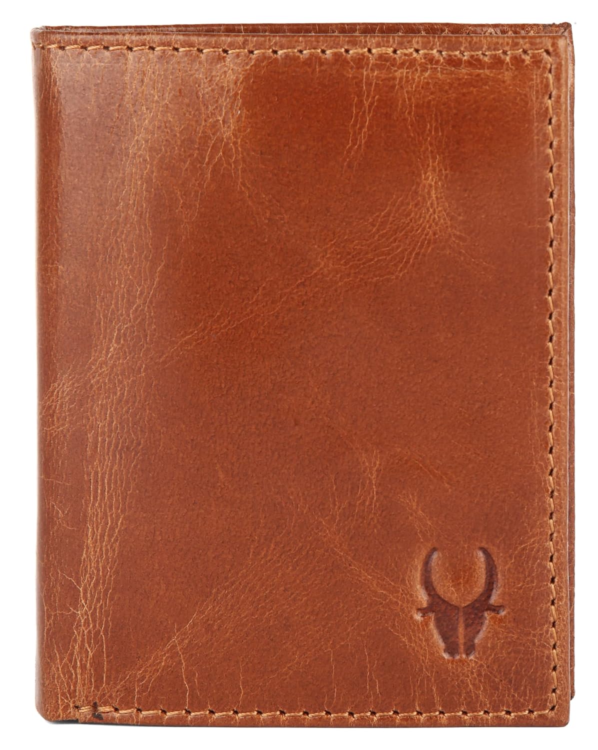 A brown leather bifold wallet with a distressed finish, featuring a debossed Wildhorn logo in the bottom right corner and neat stitching along the edges also its available for sale in ags.mu in Mauritius 