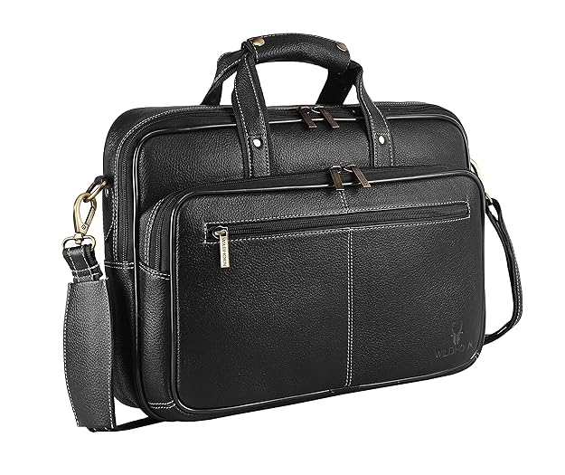 WildHorn black classic genuine leather 15 inch laptop messenger bag front view with white contrast stitching — bags.mu Mauritius
