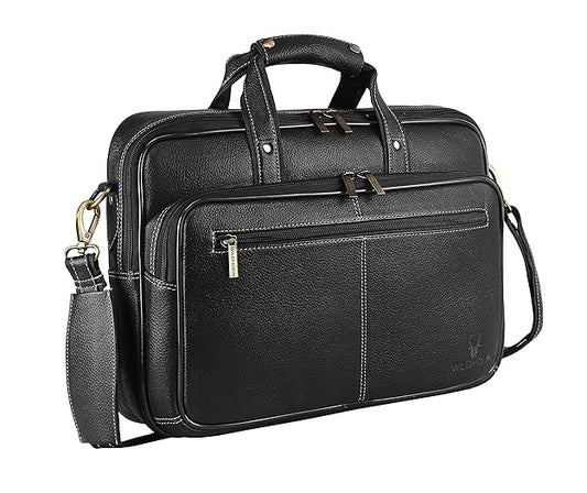 WildHorn black classic genuine leather 15 inch laptop messenger bag front view with white contrast stitching — bags.mu Mauritius