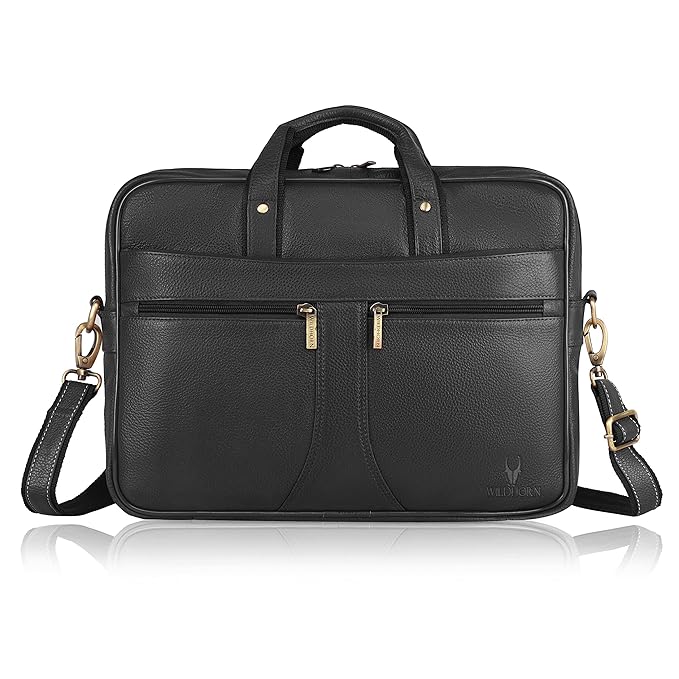 WildHorn black genuine leather office bag back view with rear zip pocket — bags.mu Mauritius