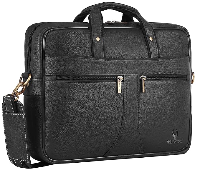 WildHorn black genuine leather 15.6 inch office laptop bag front view with gold zip pockets — bags.mu Mauritius