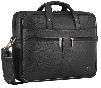 WildHorn black genuine leather 15.6 inch office laptop bag front view with gold zip pockets — bags.mu Mauritius