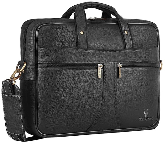 WildHorn black genuine leather 15.6 inch office laptop bag front view with gold zip pockets — bags.mu Mauritius