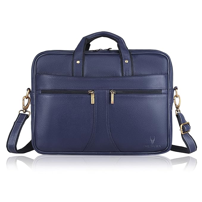 WildHorn blue genuine leather office bag back view with rear zip pocket — bags.mu Mauritius