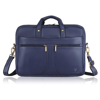 WildHorn blue genuine leather office bag back view with rear zip pocket — bags.mu Mauritius