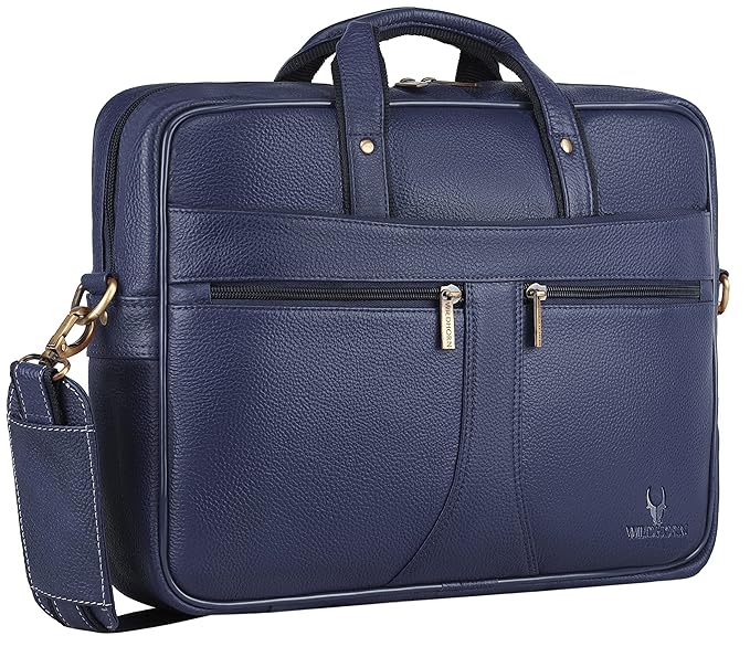 WildHorn blue genuine leather 15.6 inch office laptop bag front view with gold zip pockets — bags.mu Mauritius