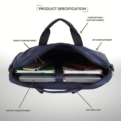 WildHorn blue leather office bag interior view showing padded 15.6 inch laptop compartment and sub-compartments — bags.mu Mauritius
