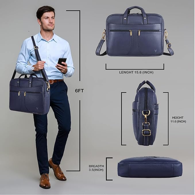 WildHorn blue genuine leather office laptop bag side view showing depth and shoulder strap — bags.mu Mauritius