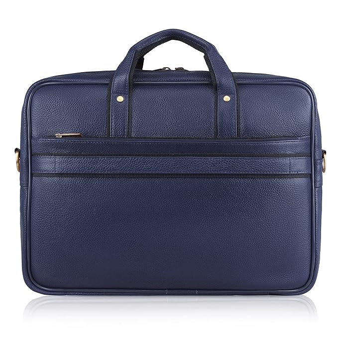 WildHorn blue leather office bag top view showing dual grab handles and gold hardware detail — bags.mu Mauritius