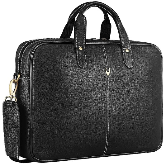 WildHorn genuine leather office bag for men in black — angled hero shot showing full grain leather texture and brass hardware — bags.mu Mauritius