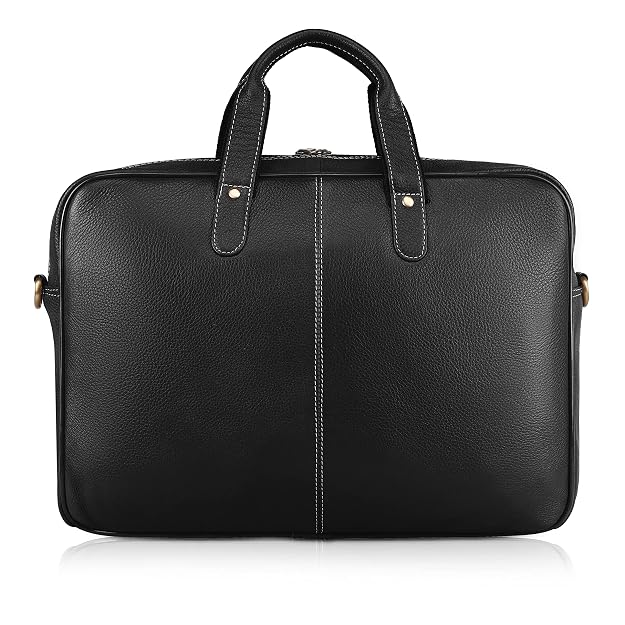 WildHorn genuine leather office bag for men in black — back view showing full grain leather texture and white contrast stitching — bags.mu Mauritius