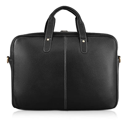 WildHorn genuine leather office bag for men in black — back view showing full grain leather texture and white contrast stitching — bags.mu Mauritius