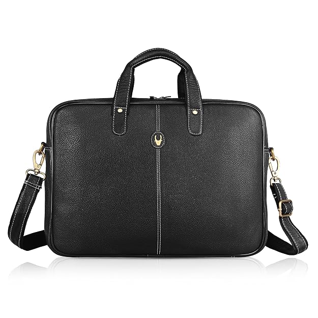 WildHorn genuine leather office bag for men in black — clean front view with adjustable shoulder strap and brass hardware — bags.mu Mauritius