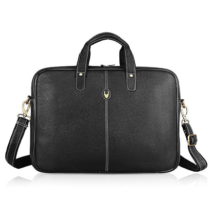 WildHorn genuine leather office bag for men in black — clean front view with adjustable shoulder strap and brass hardware — bags.mu Mauritius