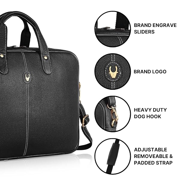 WildHorn leather office bag black — brand engraved sliders, logo, heavy duty dog hook and adjustable padded strap detail — bags.mu Mauritius